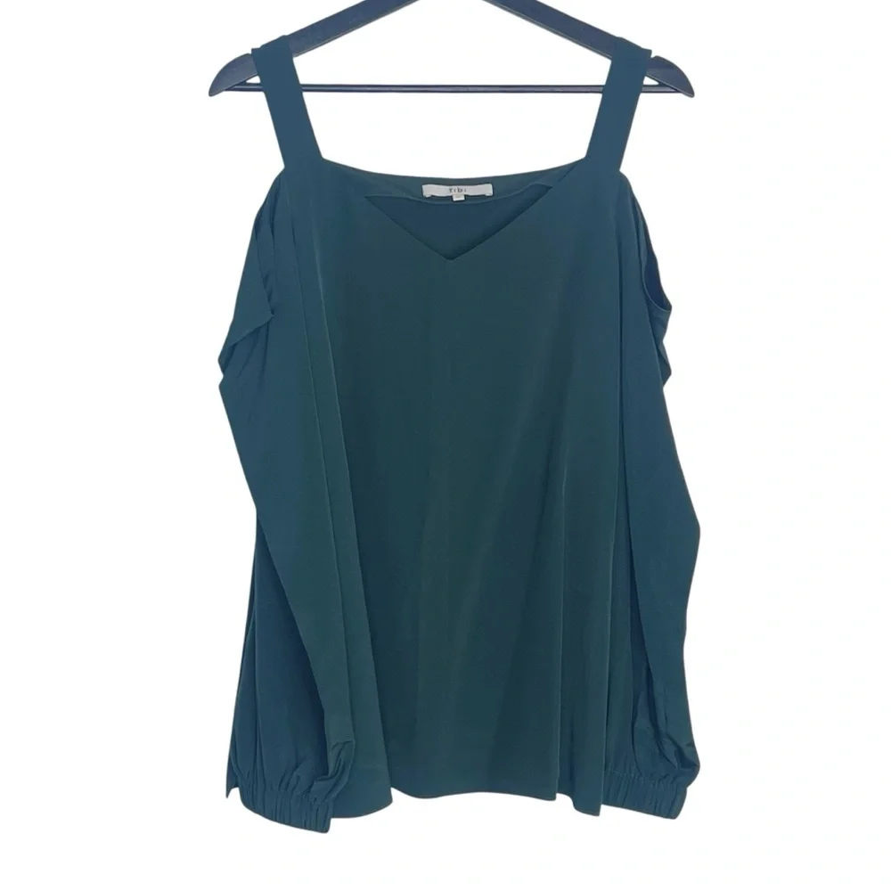 EUC Tibi Hunter Green Cold Shoulder Sweetheart Neck Long Sleeve Silk Blouse
